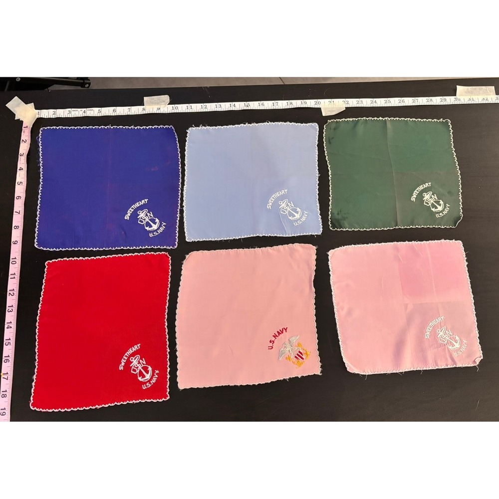 Vintage US Navy Sweetheart WWII Handkerchief Lot 6pc Silk Embroidery